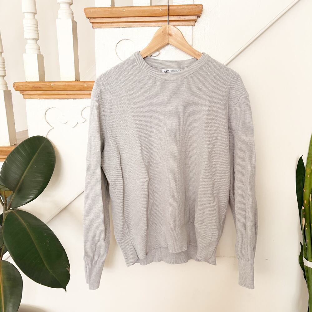 Zara Gray Ribbed Knit Sweater Crewneck Lightweight Minimalist Basic Top Size M
